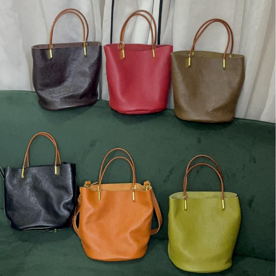 Retro Genuine Leather Bucket Handbag: Women's Vegetable-Tanned Cowhide Shoulder Bag with Large Capacity