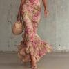 YYFS Women's Fashion Summer Spring Flower Pattern Print Short Sleeve High Neck High Waist Casual Dresses