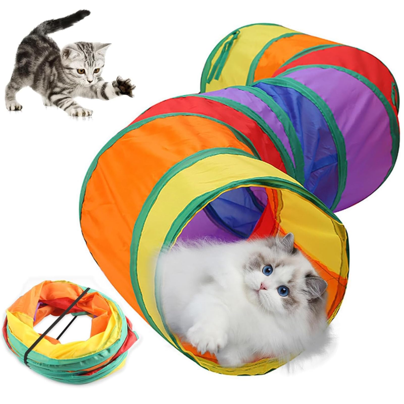 

Samcos Cat Tunnel, Pet Toy, Long Rainbow Tunnel, 123cm, Washable, with Two Long S-Shaped Holes, Foldable, Easy to Store, Cat Play, Pet Toy, Exercise