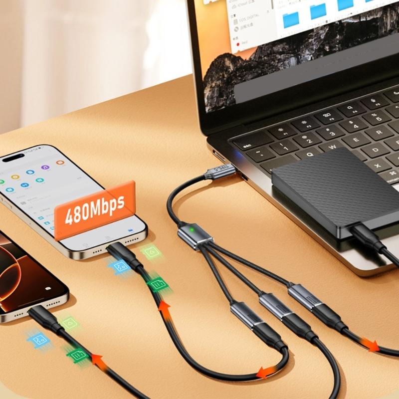 USB C Splitter Cord Wire 3-Port Supporting Multiple Device Connection for Efficient Charging and Fast Speed Syncing