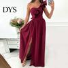 Robe Longue Femme Soirée Une Épaule Sans Manches Ourlet Fendu Couleur Unie Volants Plissée Robe de Bal Hors Bal de Fin d'Études Cocktail Maxi Femme