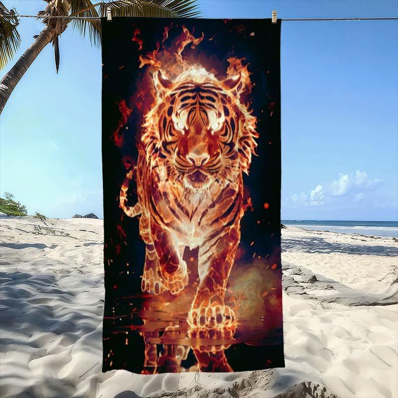 Flame Tiger Art Pattern Beach Towel, Super Absorbent Beach Towel, Trendy for New Year, Comfortable and Practical Quick-Dry