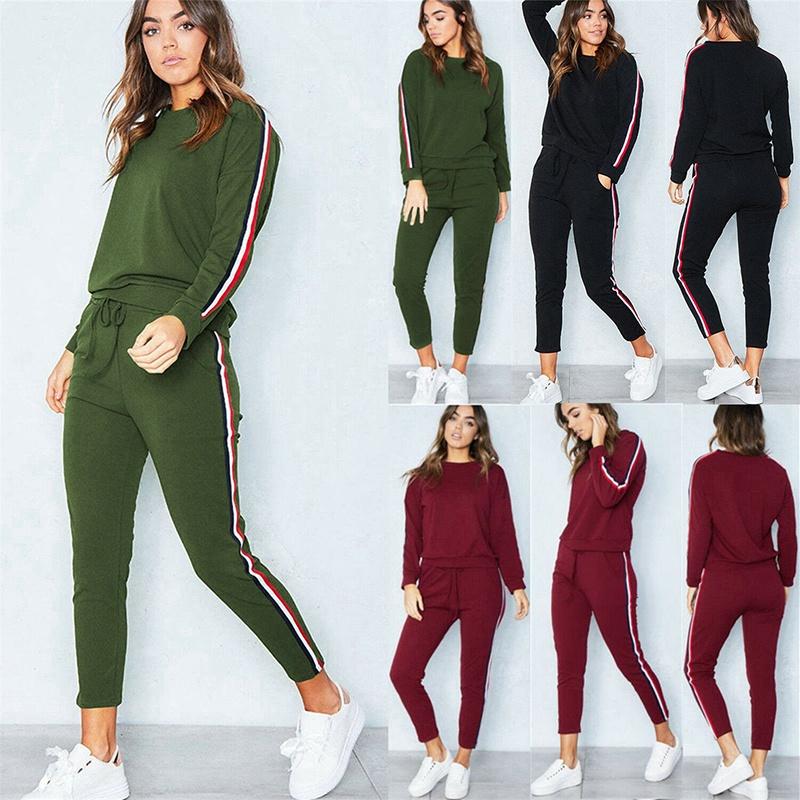 Women's 2 Pcs/set Tracksuits Comfy Striped Loungewear With O-neck And Drawstring