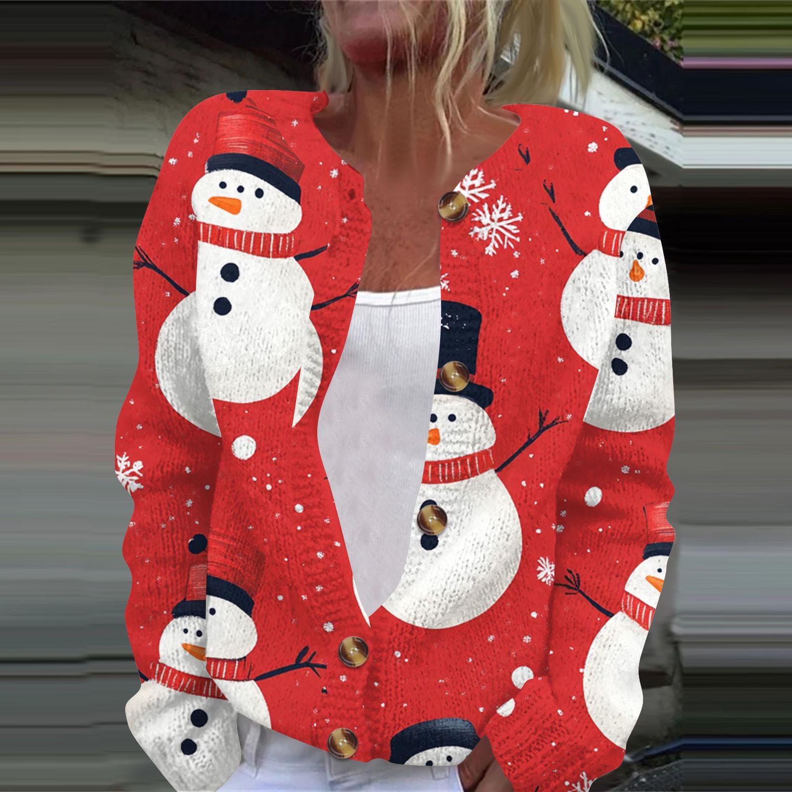 

Женская мода рождественский принт длинный рукав вязаный кардиган пуховик XL красный
