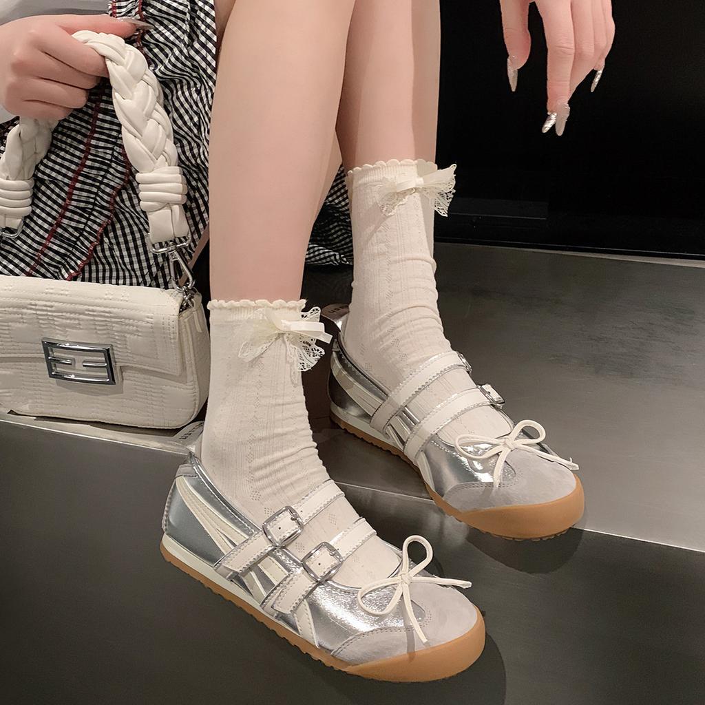 Bow ballet flats women's summer 2025 new sweet shallow mouth round head double one-word buckle belt women's shoes