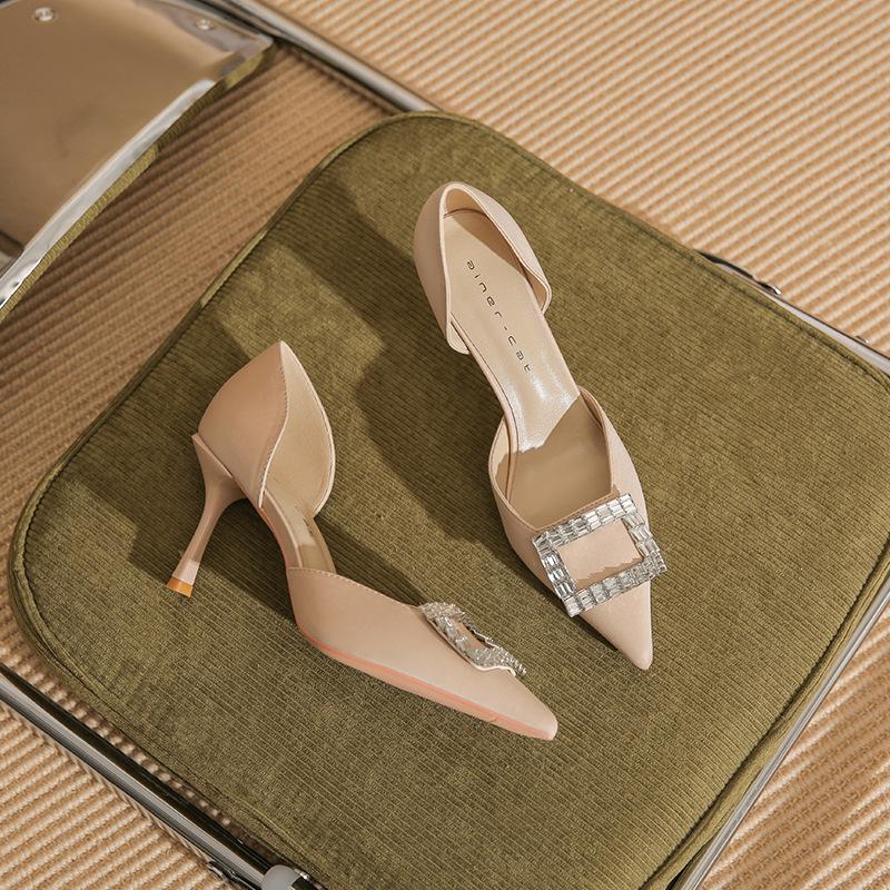 

8219-2 [sheepskin] high heels women s spring 2025 new pointed temperament square buckle shallow mouth rhinestone shoes 34