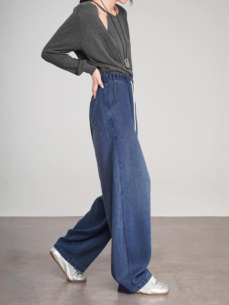 2026 Spring/Autumn Women's Retro Lyocell Denim Wide-Leg Pants - Trendy Elastic Baggy Banana Leg Style