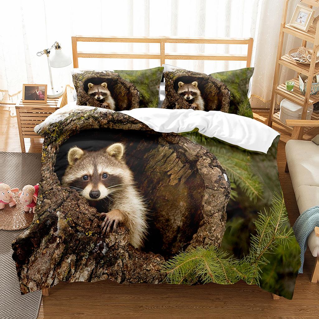 Raccoon Duvet Cover Set Cute Wild Animals Polyester Comforter Cover King Queen Size For Boy Girl Bedding Set With Pillowcase