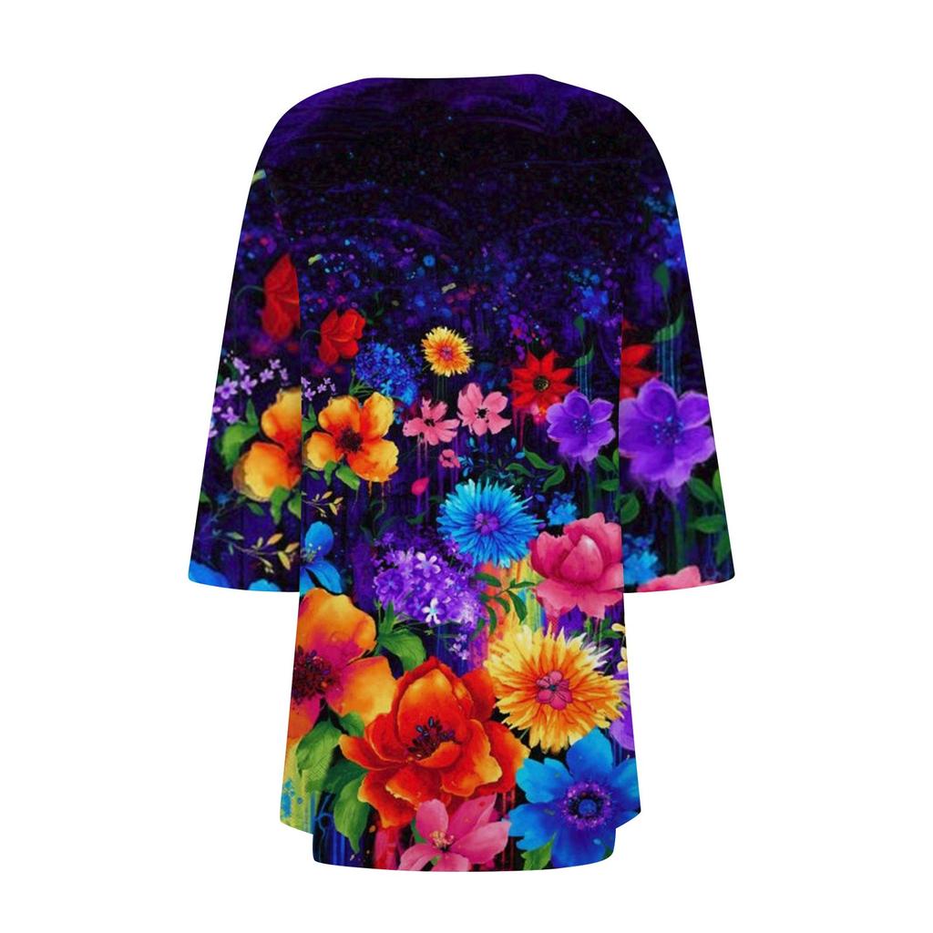Women's Floral Print Irregular 3/4 Length Sleeve  Cardigan Jacket With Pockets Casual Cover Up