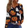 Women's Fashion Casual Halloween Printed V-Neck Button Trim Long Sleeve T-Shirt Top