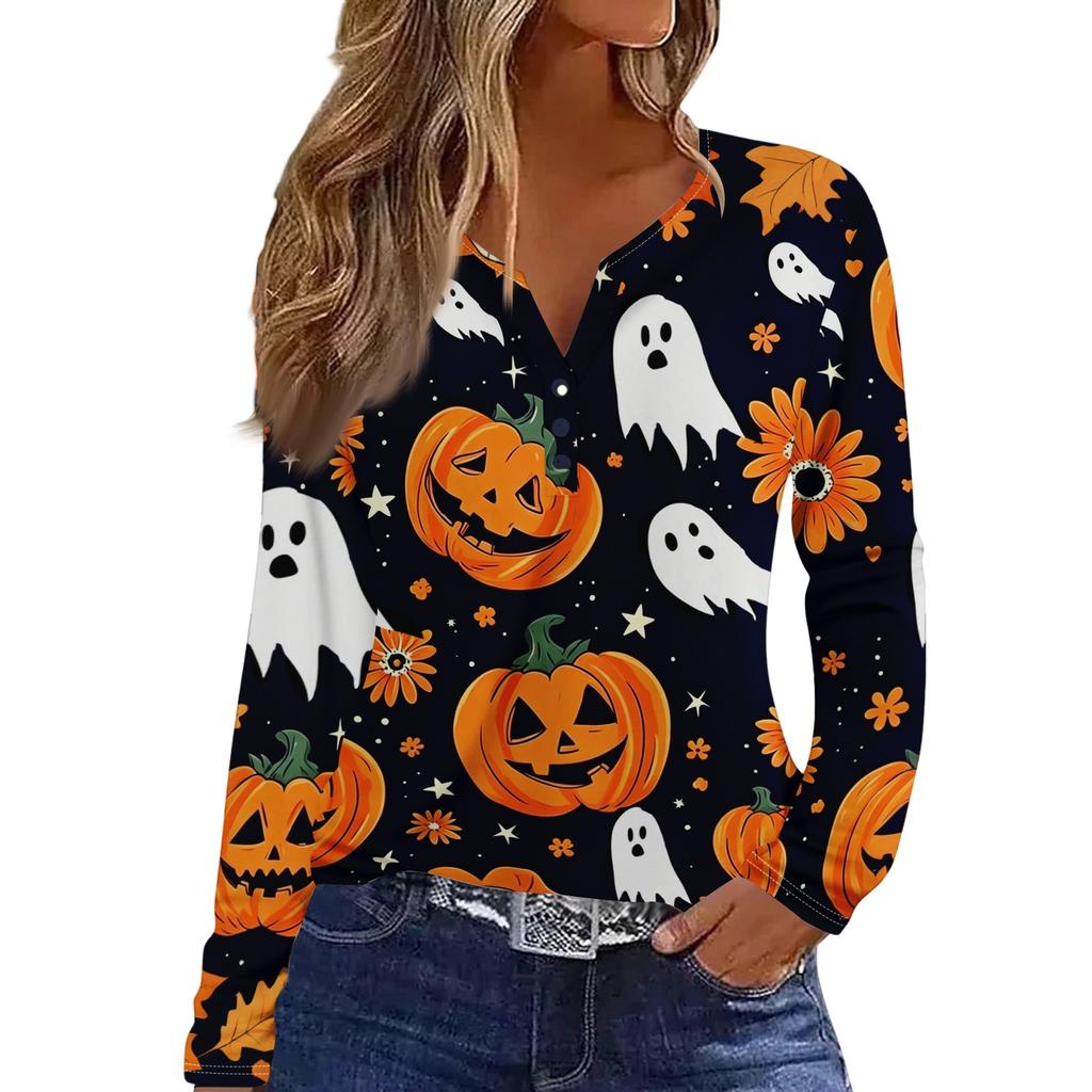 Women's Fashion Casual Halloween Printed V-Neck Button Trim Long Sleeve T-Shirt Top
