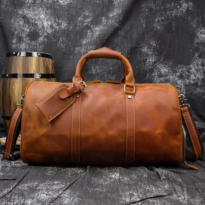 Vintage Crazy Horse Leather Handbag Fitness Luggage Bag 20 Inch Men'S Shoulder Oblique Span Bag Travel Bag With Shoe Space