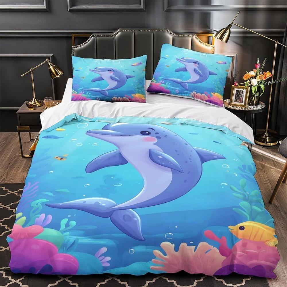 CartoonDolphin  Motif Bed Linen,Microfibre Bedding Sets, Children's Bed Linen  for Teenagers  adult  3-Piece Duvet Cover