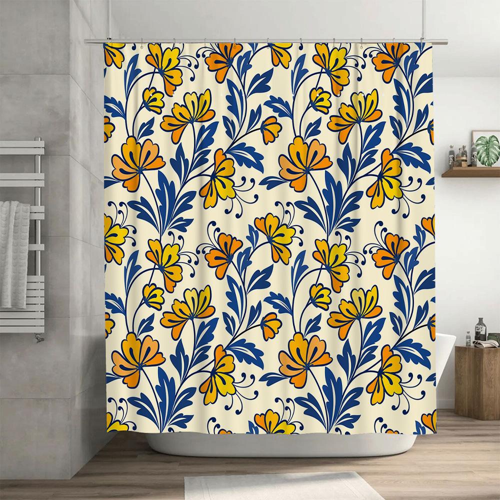 Vibrant Blue Yellow Floral Shower Curtain Decorative Bath Matric Bathroom Waterproof Fabric Shower Curtain Set for Home Decorati