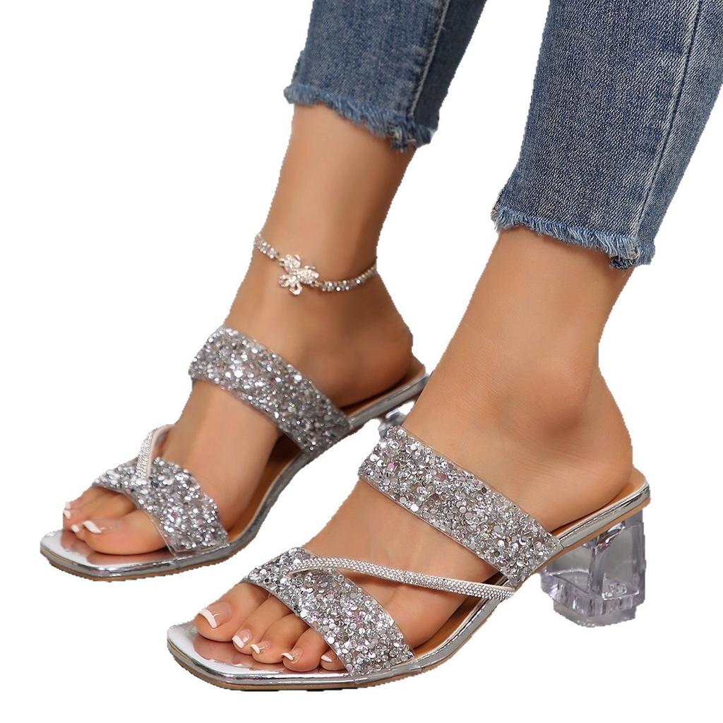 2025 Sommer neue Mode Pailletten Strass Hausschuhe vielseitig offen Zehen sexy Kristall und hochhackige Hausschuhe Frauen
