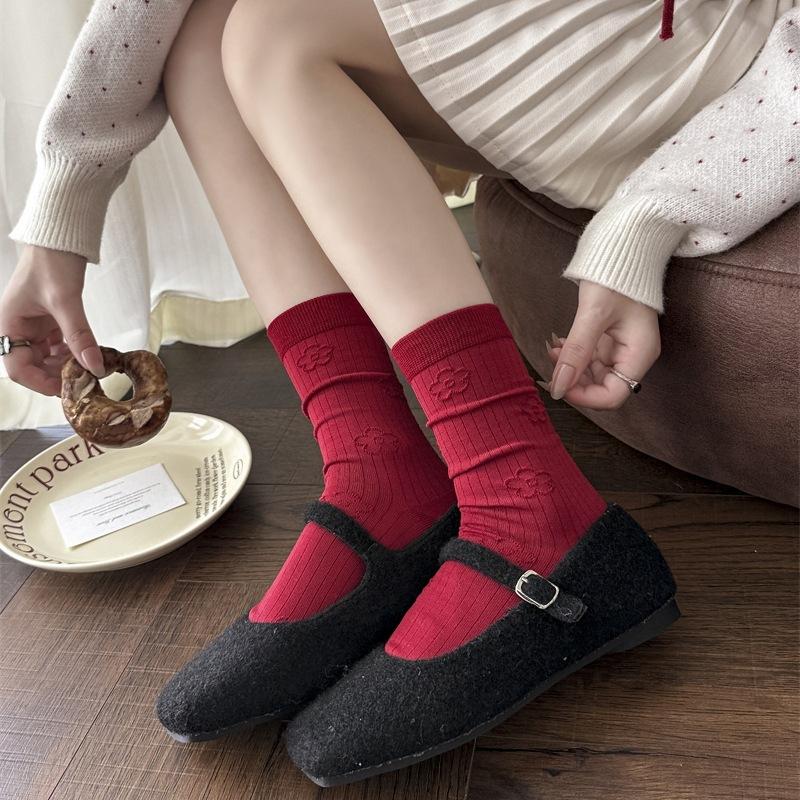 New Year Red Socks - Children's Pure Cotton Mid-calf Socks. Suitable for Autumn and Winter. Wedding and Festive Long Socks Without Bones.