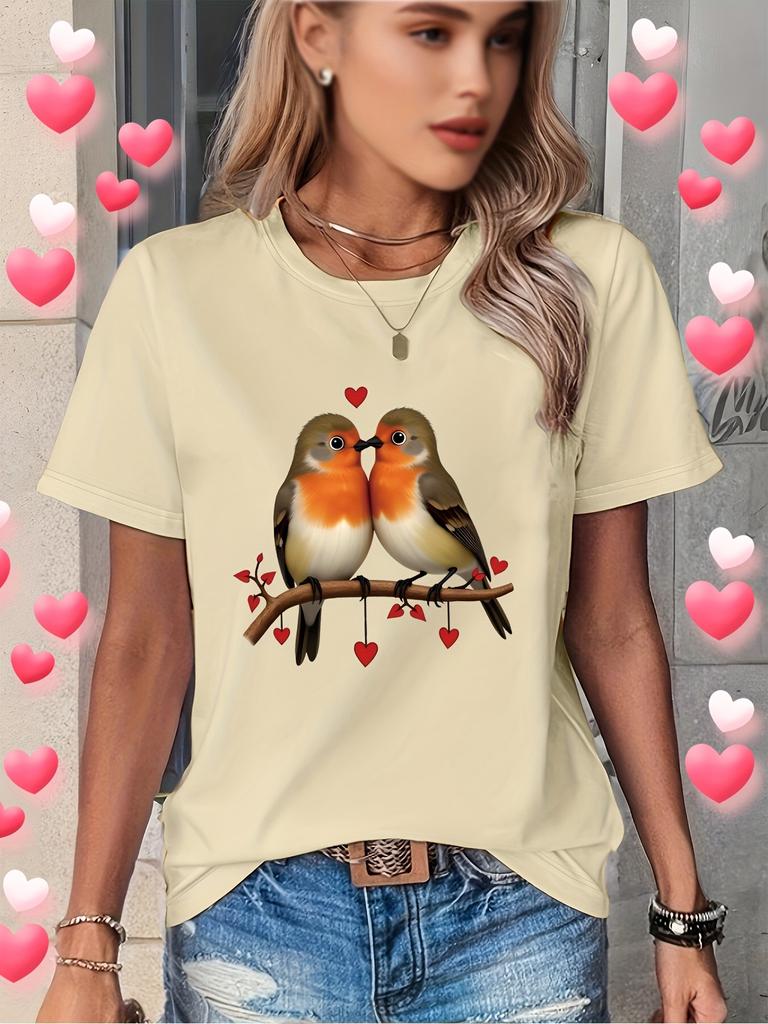 Camiseta de manga corta con cuello redondo para mujer con estampado de Robin Heart Love Always Print blanco Navidad Día de