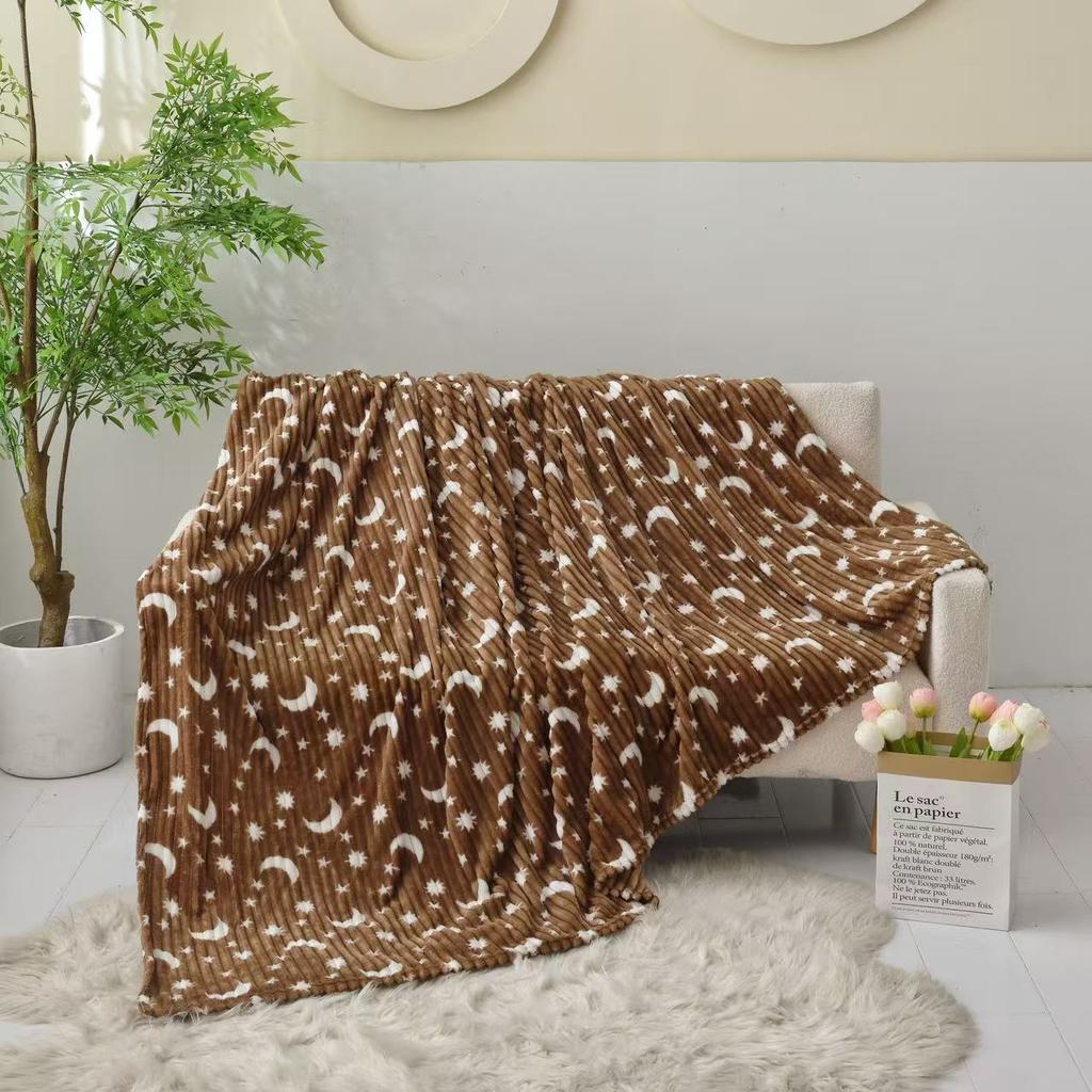 Ruffled Star and Moon Striped Blanket, Nap Blanket, Flannel Throw, All-Season Fleece Blanket, Air-Conditioning Blanket