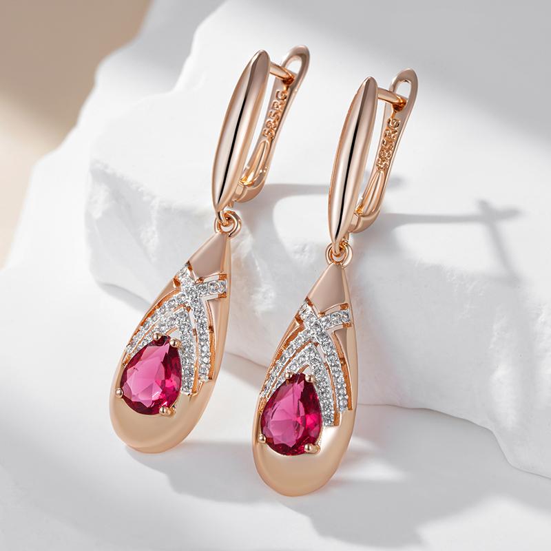 Unique Ethnic Bride Red Natural Zircon Drop Earrings For Women Fashion Rose Gold Color Mix Daily Jewelry Gift