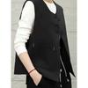 Women's Slimming Black Round Neck Button Blouse - Stylish Spring 2025 Fashion with Unique Vest Design