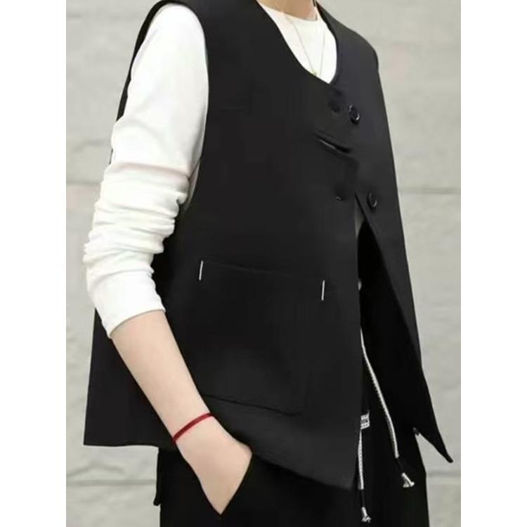 Women's Slimming Black Round Neck Button Blouse - Stylish Spring 2025 Fashion with Unique Vest Design