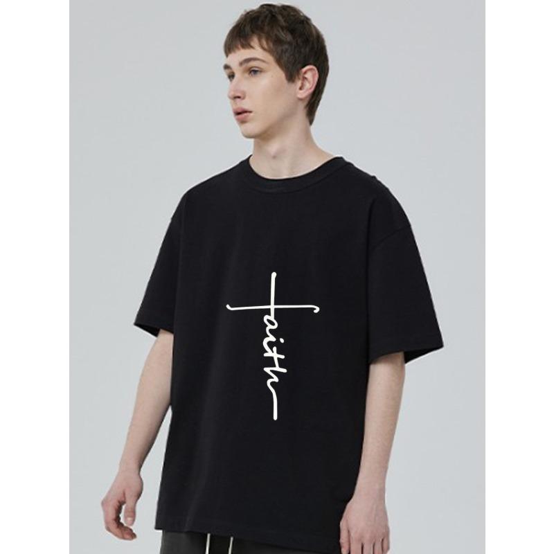 Black T Shirt with White Faith Cross Print for Casual Wear