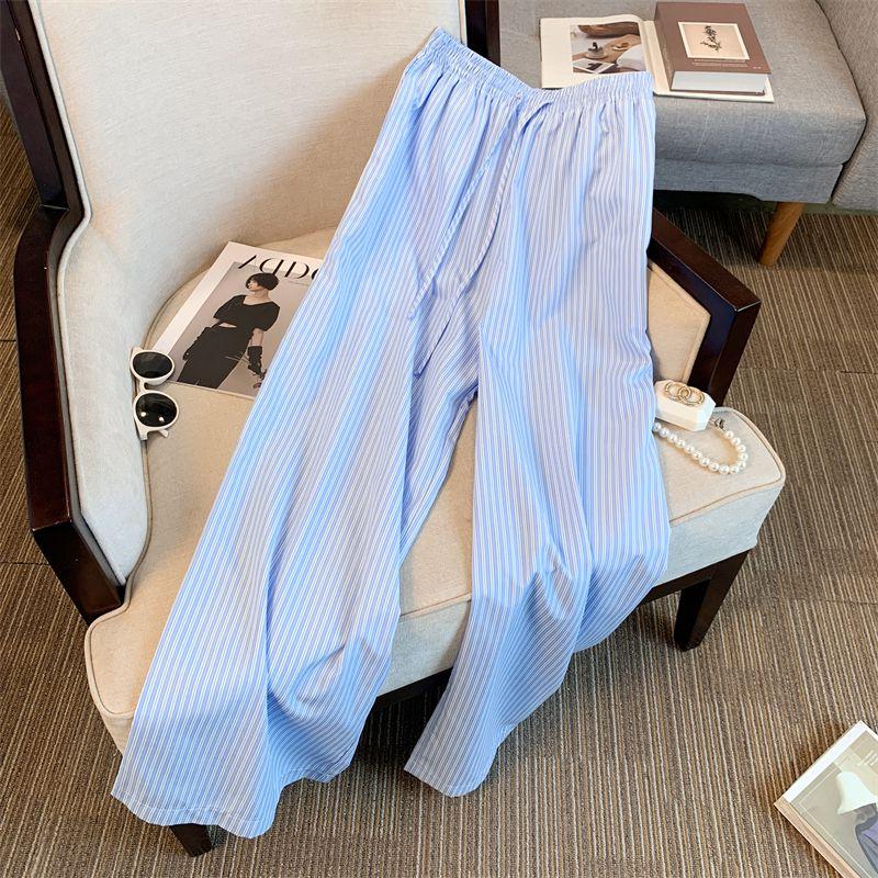 Blue Striped Wide-Leg Pants for Women - Korean Minimalist Aesthetic Casual Trousers | Summer Thin Lazy Loose Straight-Leg Floor-Length
