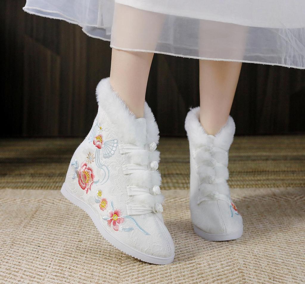 Women's Winter Warm Casual Ankle Boots Anti Slip Fleece Lined Snow Boots High-Top Shoes Comfortable Embroidered Faux Fur Lined Short Booties for Women
