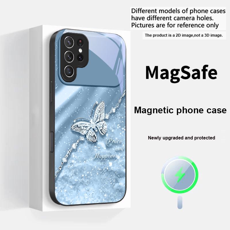 An Elegant Blue Butterfly For Samsung S25 S25 Edge S25Ultra S8 9 10 20 S21 Pro 22 Plus S23 FE S24 Ultra Magsafe Glass Phone Case