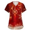 Women's V-Neck Christmas Print Scrub Top Short Sleeve Uniform with Pockets and Side Slits