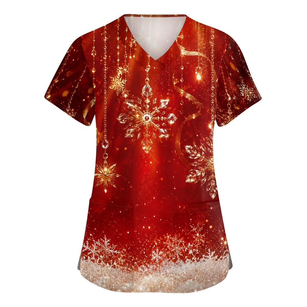 Women's V-Neck Christmas Print Scrub Top Short Sleeve Uniform with Pockets and Side Slits