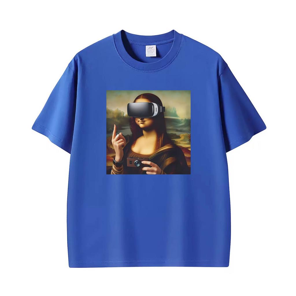 Funny Mona Lisa With Headset Funny Meme Graphic T Shirts Unisex Unisex Casual Cotton Tshirt Fashion Short Sleeve Oversized Tshirts