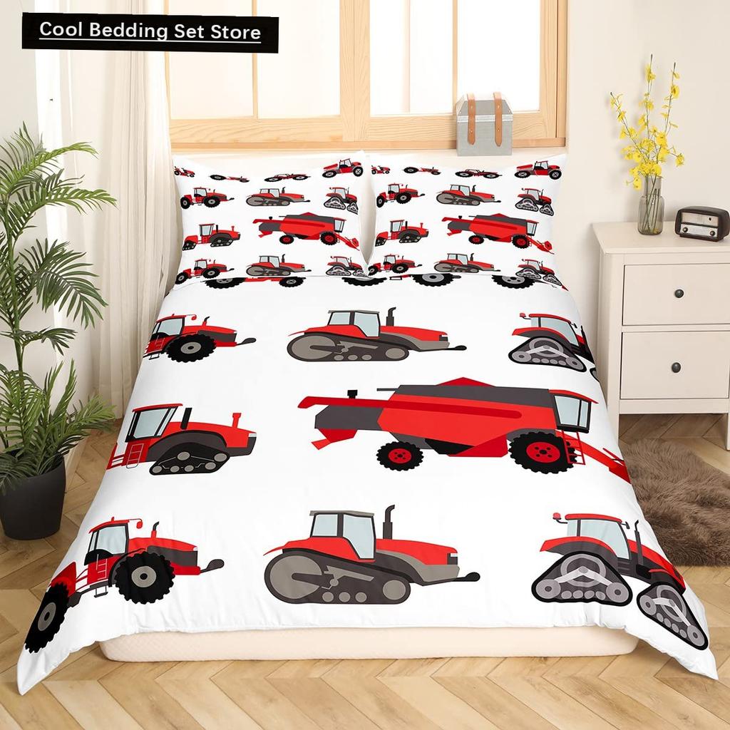 Truck Excavator King Queen Duvet Cover Yellow Tractor Bedding Set for Kids Boys Girls Cartoon Car Transporter 2/3pcs Quilt Cover