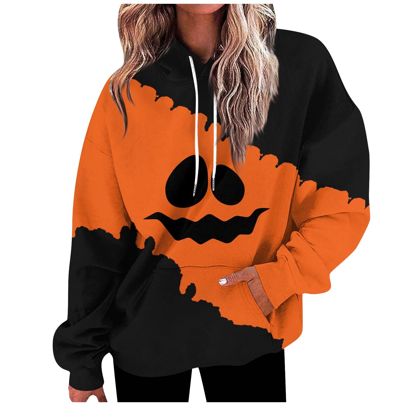 Женская мода свободная повседневная повседневная толстовка с длинным рукавом Хэллоуин улыбка принт толстовка топ XXL оранжевый 1980₽