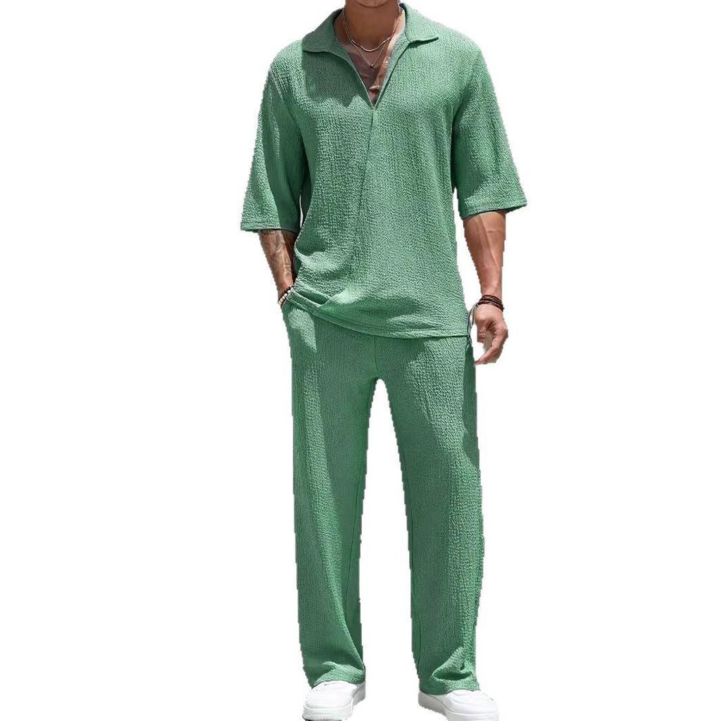 2025 Spring Men's Solid Color Casual Two-Piece Set: Short Sleeve Shirt & Long Pants