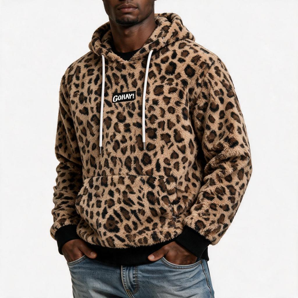 Men's Flannel Hoodie with Leopard Print and 3D Print Design, Plush Pullover for Casual Wear