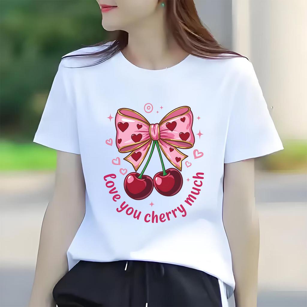 Fashionable and cute bow cherry cartoon print pattern daily Tshirt short sleeved round neck versatile Womens Tshirt