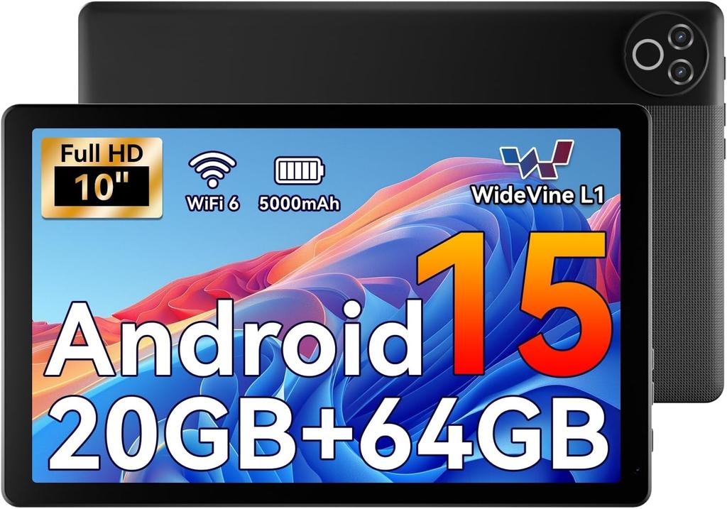 Android 15 Tablet, 10 Inch Tablet, 20GB RAM+64GB ROM (TF 1TB), 5000mAh, 1280 * 800 HD, WiFi 6, Bluetooth 5.4, Dual Cameras, Dual Speakers, Black