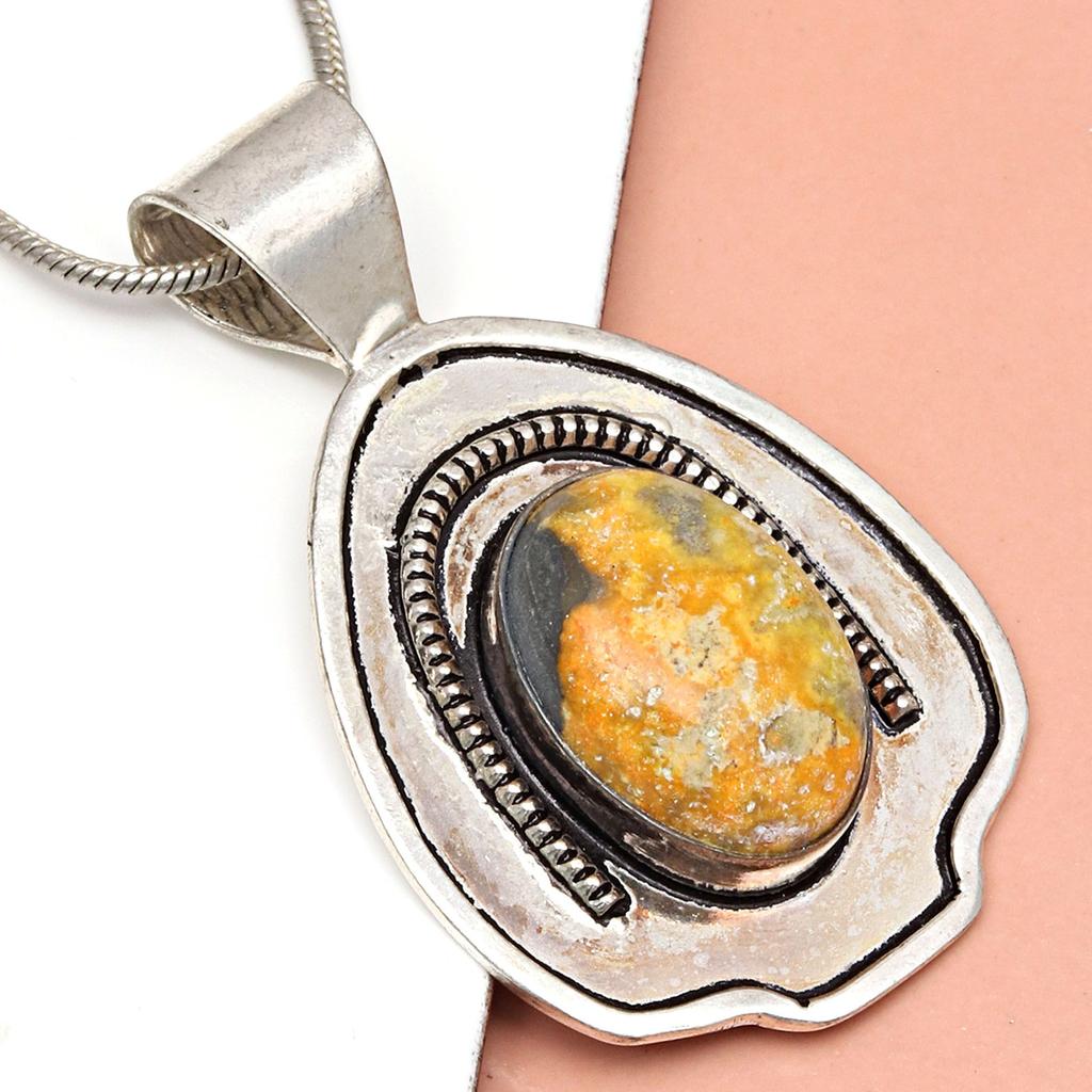 Bumble Bee Jasper Gemstone Mother's Day Silver Jewelry Pendant  2.25"