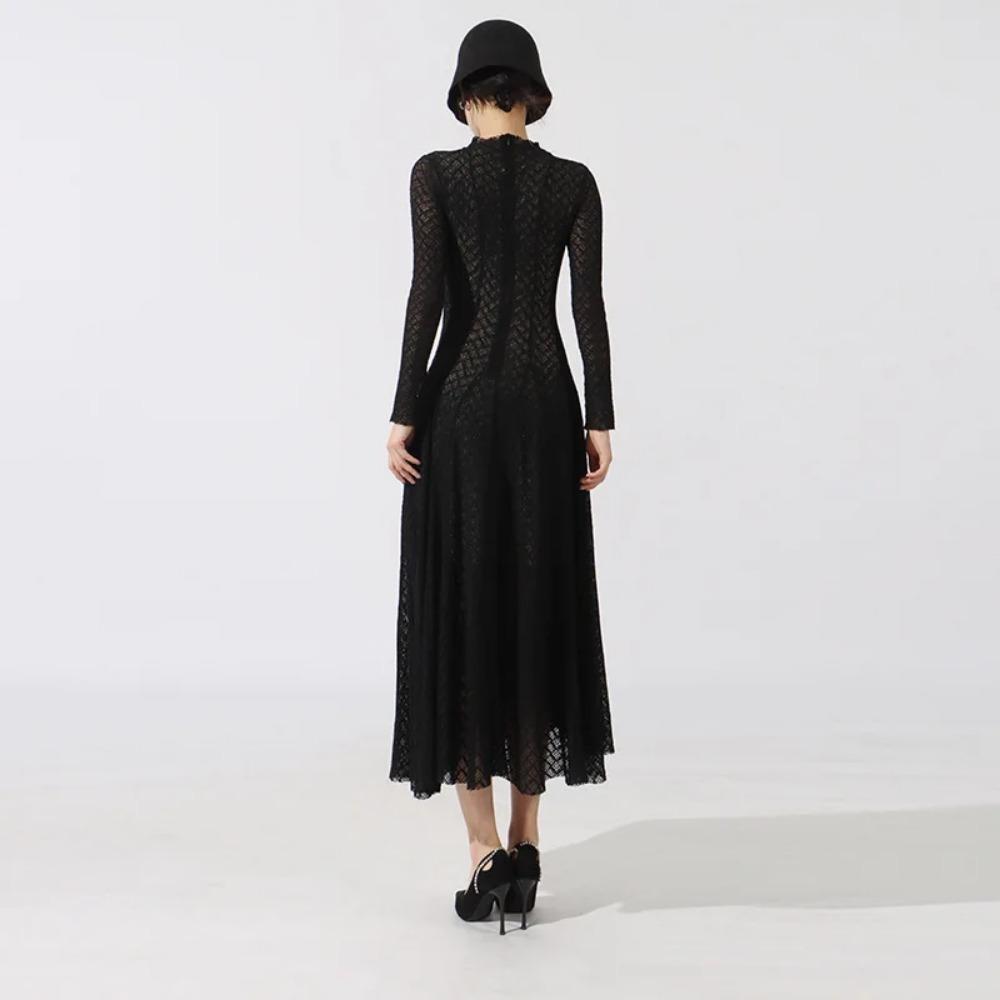 Hollow Out Mesh Maxi Dress High Collar Slim Fit Long Sleeve Robe High Waist Pleated Party Dresses New Lady Fashion Clothing