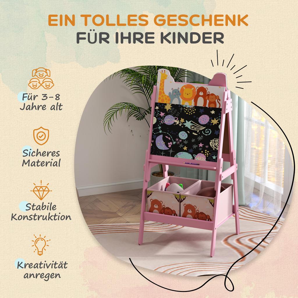 2 in 1 Kids Easel with Whiteboard, Chalkboard, Storage Boxes, for Ages 3-8 Years, Pink