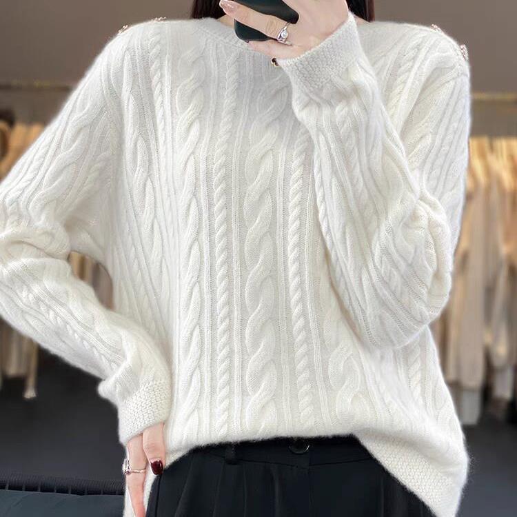Women's Round Neck Loose Twisted Flower Solid Color Sweater Autumn and Winter New Style Cable Thickened Knitted Base