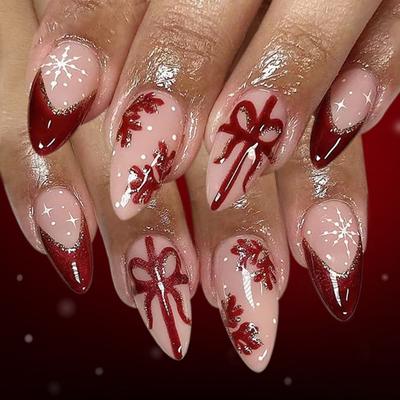 Packung mit 24 Weihnachtsnägeln mit French Tip, Persist Hoofs mit Scintillate Ice Rose und Weißem Plan, Permanentes ABS-Material für Feiertagspartys