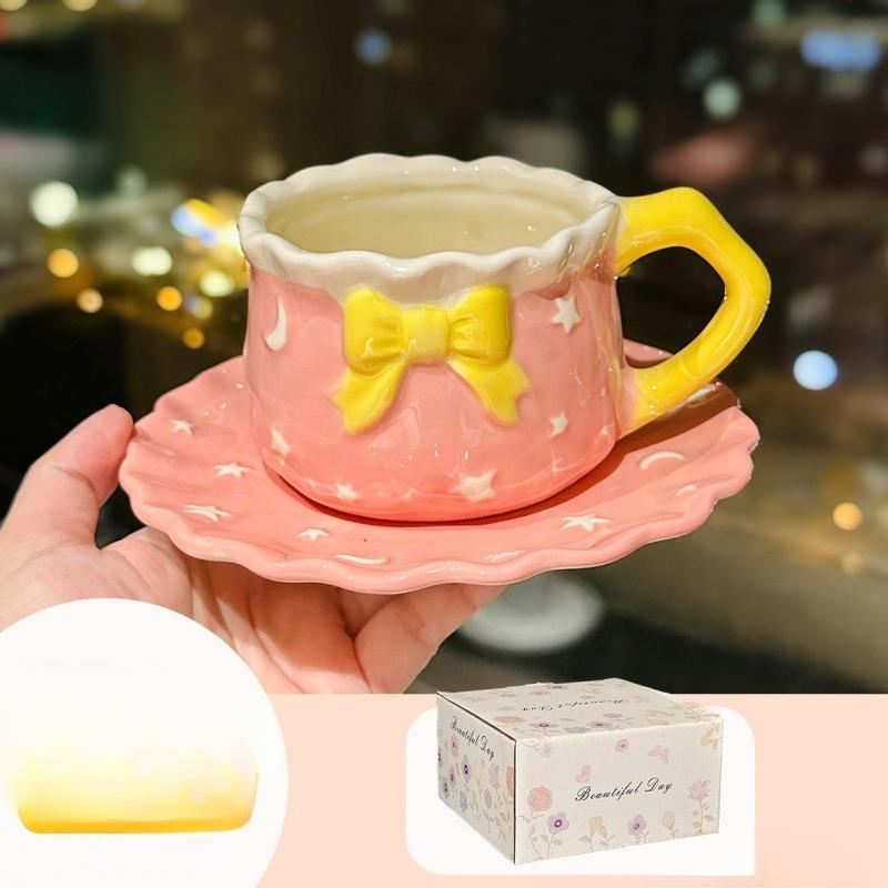 Kleine frische Sternenhimmel Tasse und Untertasse Keramik Kaffeetasse Büro Mädchen Herz Schleife Nachmittagstee Tasse und Untertasse Souvenir
