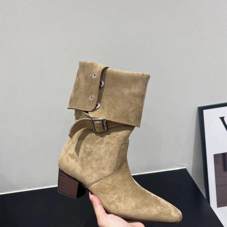 

Beautiful square head thick heel short boots women s new autumn and winter high heels are not tired of mid-tube high-end boots 35 хаки