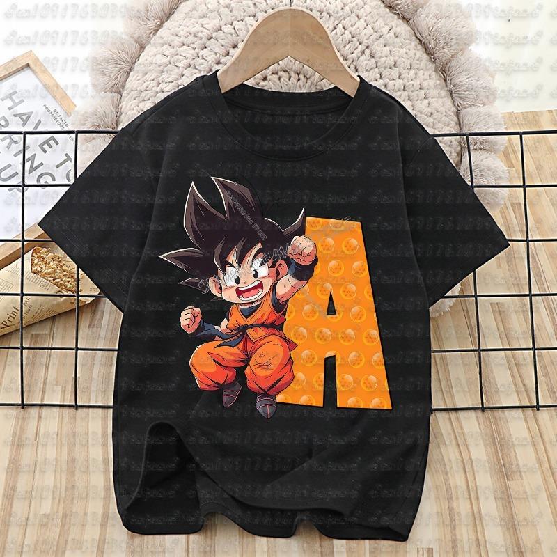 Dragon Ball Goku T-shirt Cotton Children A-Z Letter Tee Top Black Round Collar Clothing Boys Girl Summer Short Sleeve Kids