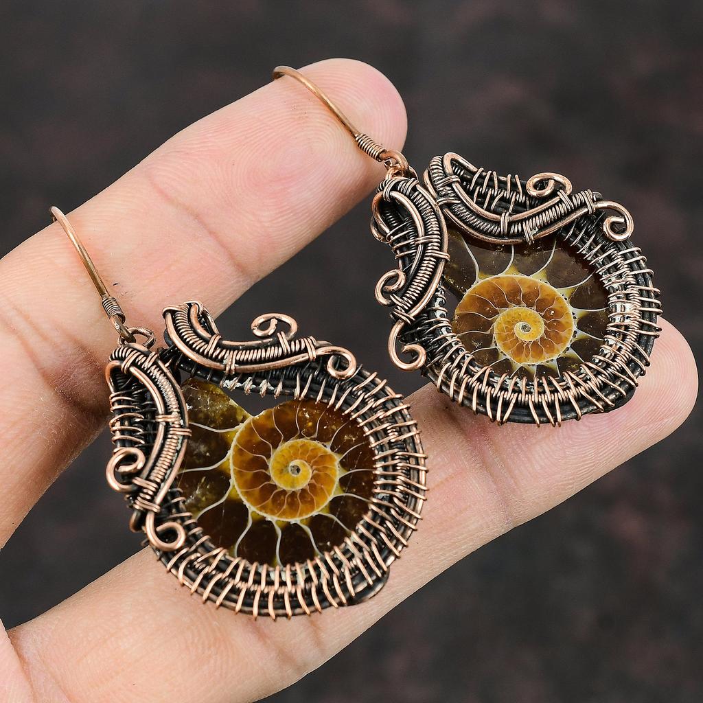 Ammonite Fossil Copper Earring Copper Wire Wrapped Earring Gemstone Copper Jewelry Handmade Earring Gift For Mom Ammonite Fossil Jewelry