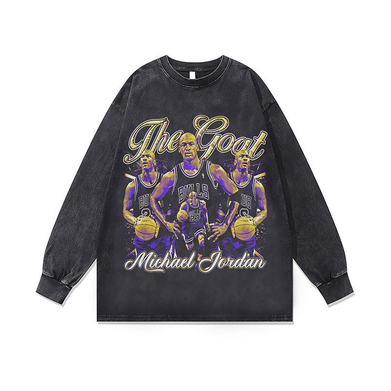 2. American Retro Hip-Hop Star Print Base Top Men'S And Women'S Autumn Washed Crew Neck Long Sleeve T-Shirt