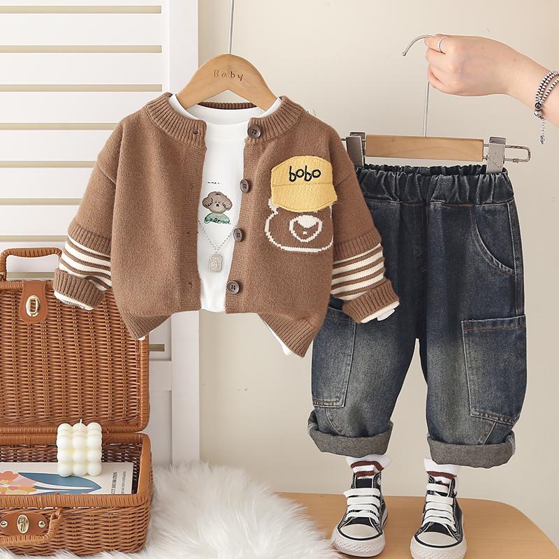 Boy's cartoon sweater cardigan set, Baby's spring and autumn wear long sleeves, Stylish jeans, Fashionable three piece set