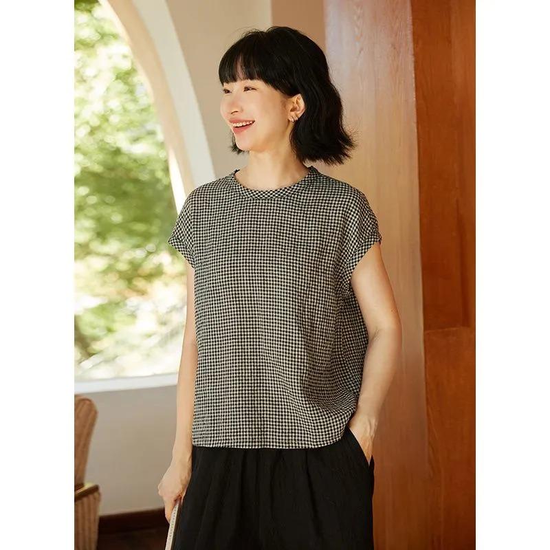 

Womens Black and White Gingham Round Neck Sleeveless T-Shirt M серый